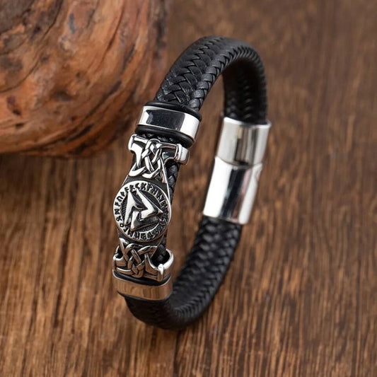 Viking Rune Leather Bracelet – Norse Symbol Stainless Steel & Braided Leather Wristband