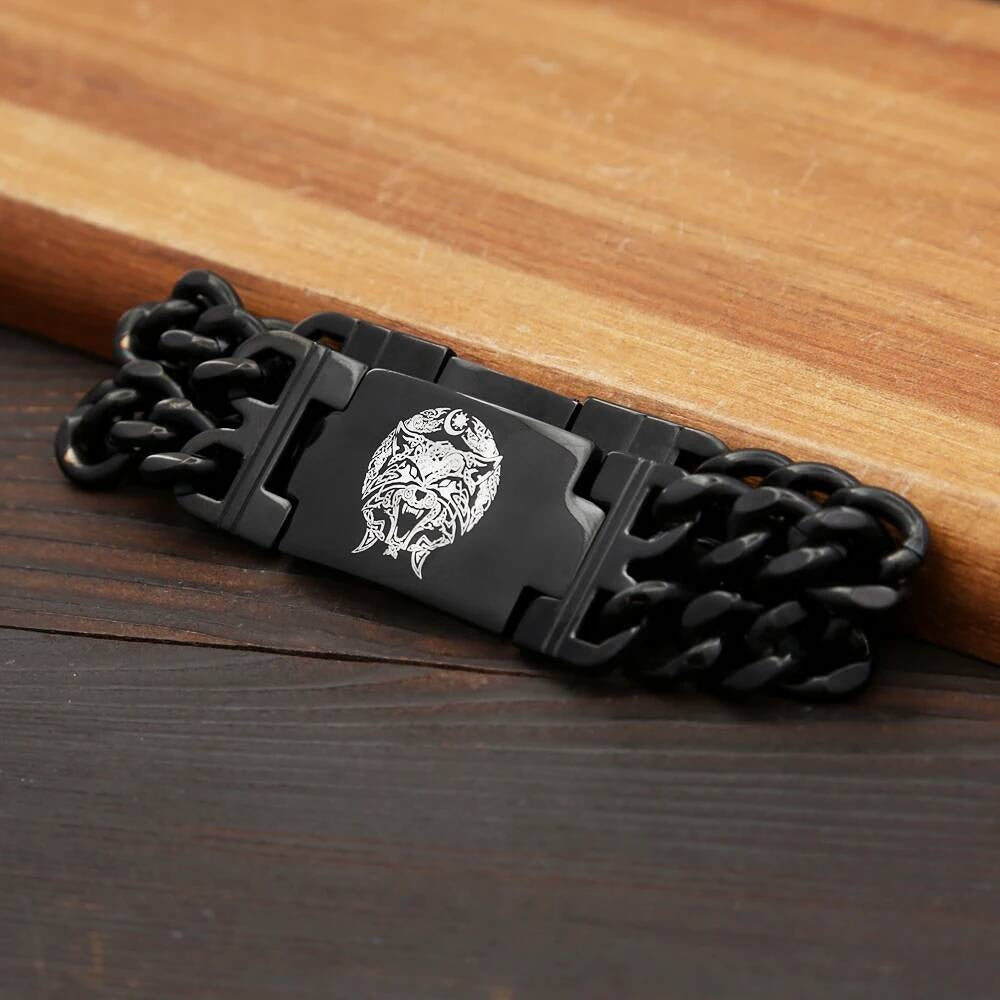 Black Stainless Steel Wolf Head Bracelet – Viking Chain