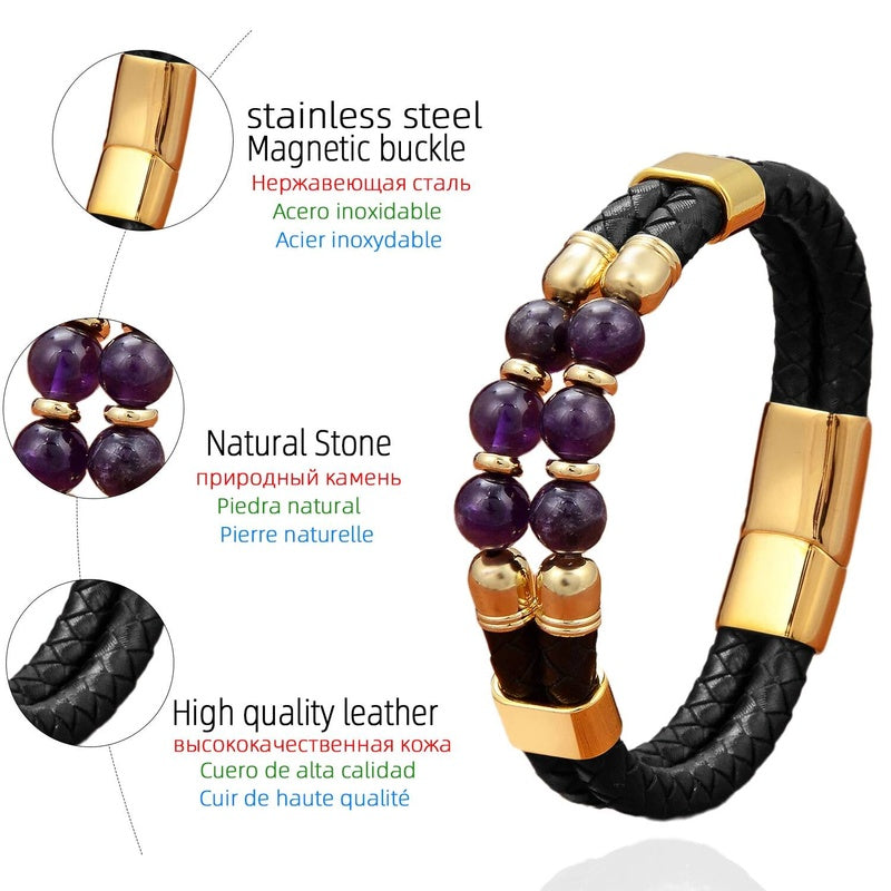 Black Braided Leather Bracelet with Green Jade Beads - Stylish Multi-Layer Magnetic Clasp Jewelry for Casual Wear and Gifts