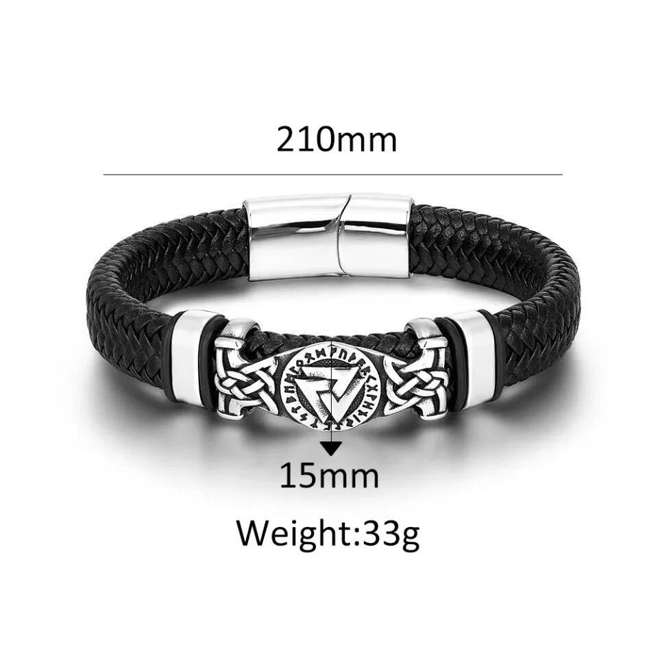 Viking Rune Leather Bracelet – Norse Symbol Stainless Steel & Braided Leather Wristband
