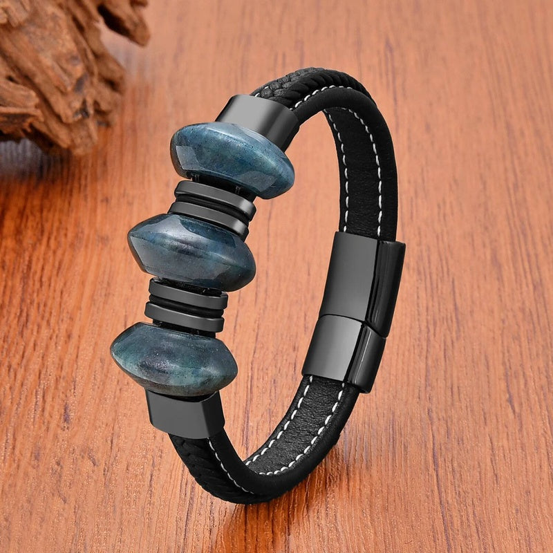 Black Braided Leather Bracelet with Green Jade Beads - Stylish Multi-Layer Magnetic Clasp Jewelry for Casual Wear and Gifts Moss Agate