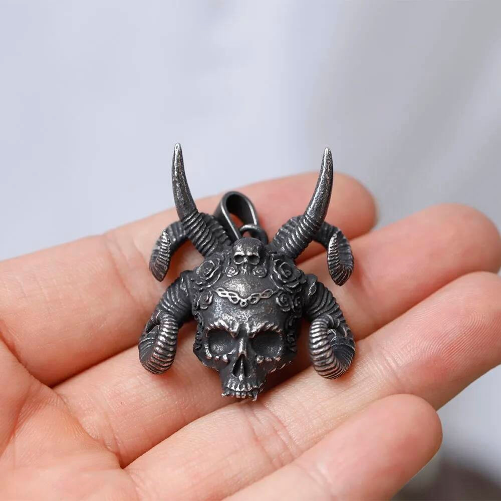 Demon Ram Skull Pendant – Gothic Horned Skull Necklace