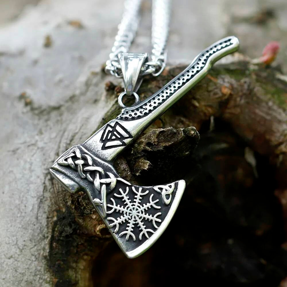 Viking Axe Pendant Necklace - Stainless Steel Nordic Battle Axe with Rune and Snowflake Design