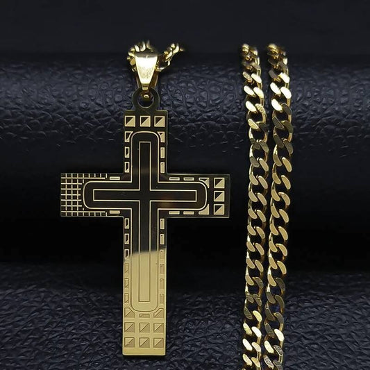 Stainless Steel Cross Pendant Necklace Chain For Men Jewelry Catholic Crucifixes Rosaries Accessories Gold