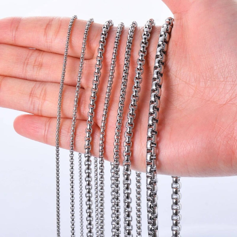 1Pc Square Rolo Stainless Steel Chain Round Box Necklace Men Women Width 2mm-5mm