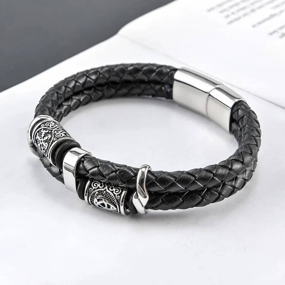Viking Leather Bracelet – Norse Valknut Symbol Braided Leather & Stainless Steel Wristband