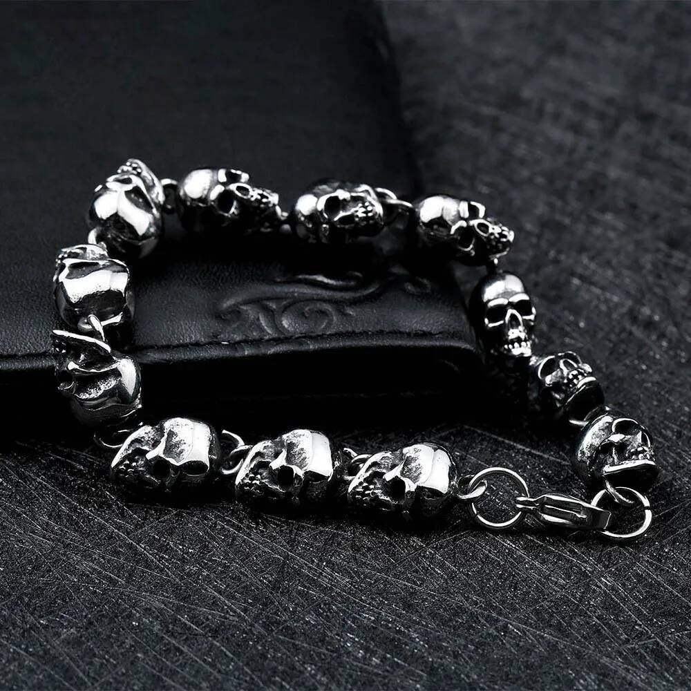 Men’s Gothic Skull Chain Bracelet – Heavy 316L Stainless Steel Punk Biker Jewelry, Rocker Style Link Bracelet