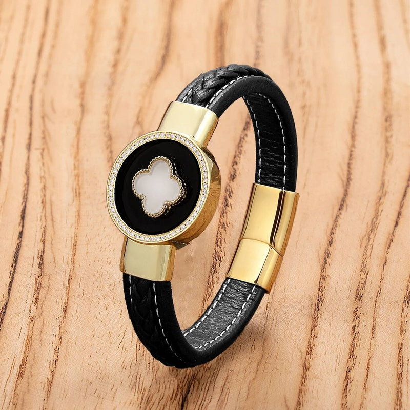 Black Braided Leather Bracelet with Green Jade Beads - Stylish Multi-Layer Magnetic Clasp Jewelry for Casual Wear and Gifts Style-D