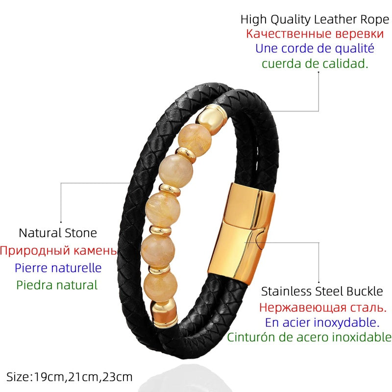 Round Natural Amethysts Stone Beaded Handmade Leather Bracelets for Man Women Trendy Crystal Designer Jewelry Accessories
