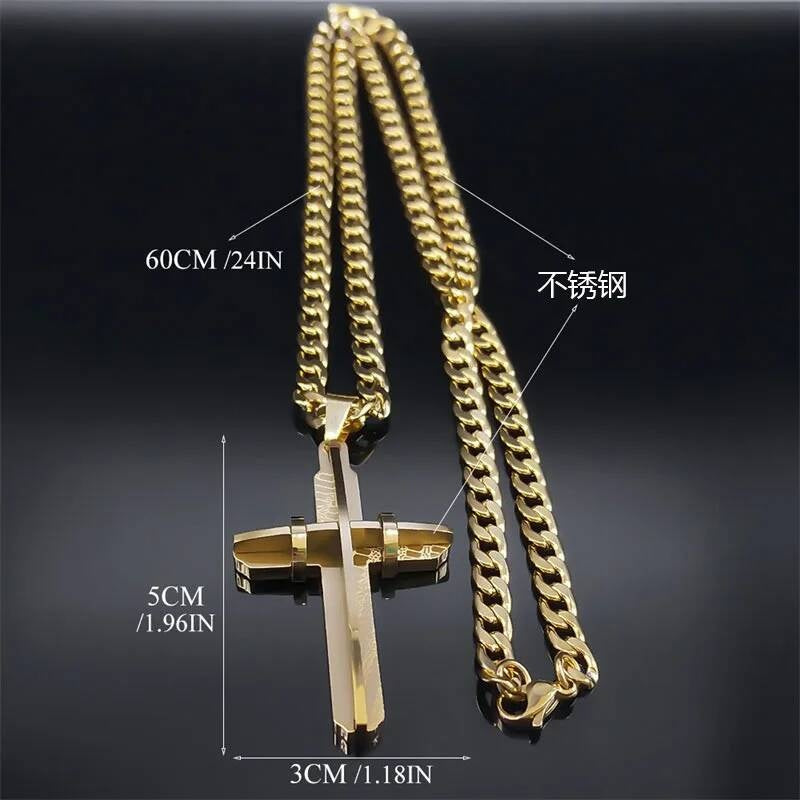 Gold-Tone 3D Cross Pendant – 316L Stainless Steel Men’s Chain Necklace