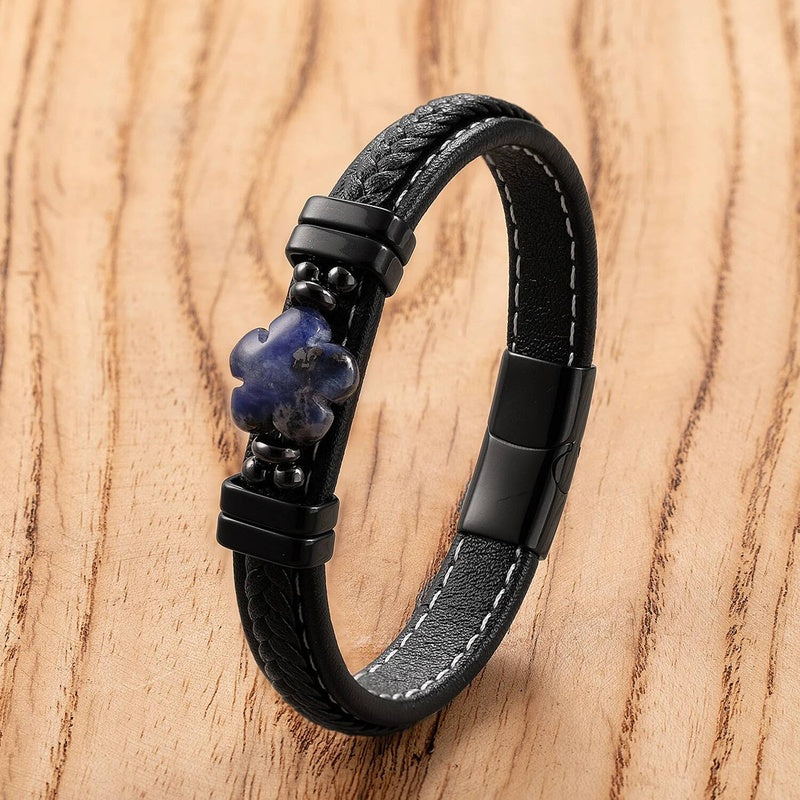 Black Braided Leather Bracelet with Green Jade Beads - Stylish Multi-Layer Magnetic Clasp Jewelry for Casual Wear and Gifts Black-D