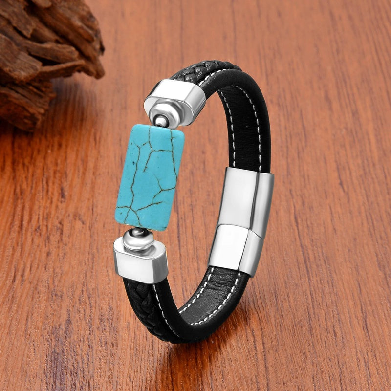 Oblong Agates Tiger Eye Beads Bracelet Women Accessories Leather Bangle Matching Bracelets for Man European and American Turquoise-White