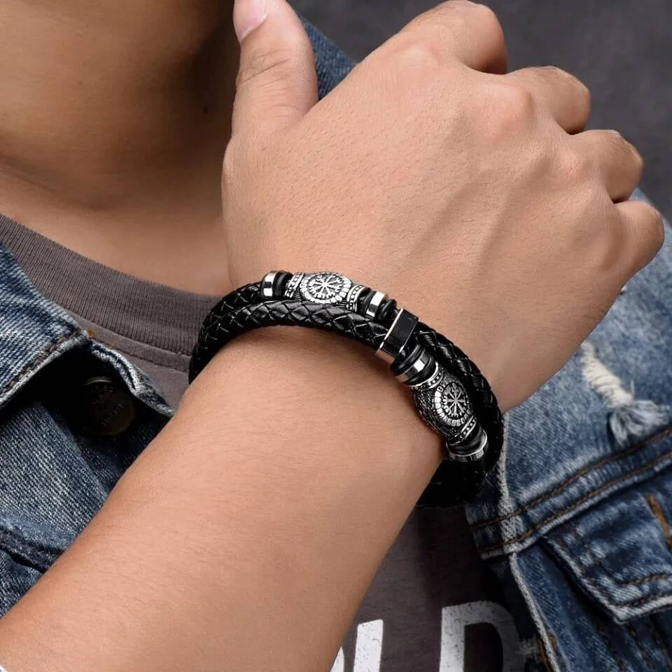 Viking Vegvisir Leather Bracelet – Nordic Compass Double Layer Wristband