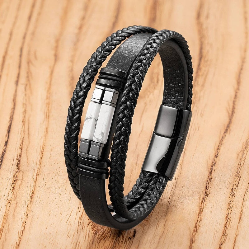Black Braided Leather Bracelet with Green Jade Beads - Stylish Multi-Layer Magnetic Clasp Jewelry for Casual Wear and Gifts Style-D