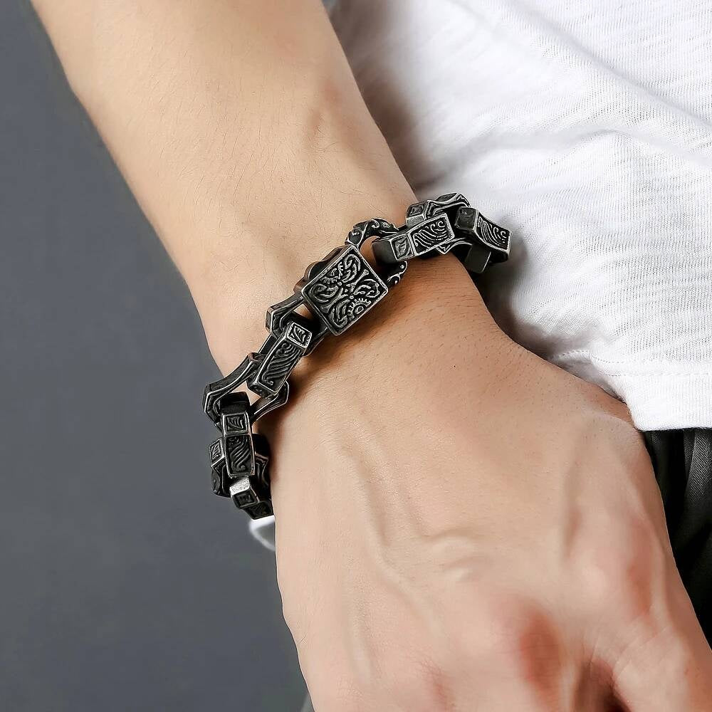 Men’s Gothic Chain Bracelet – 316L Stainless Steel Vintage Carved Link Wristband, Heavy Duty Punk Biker Jewelry
