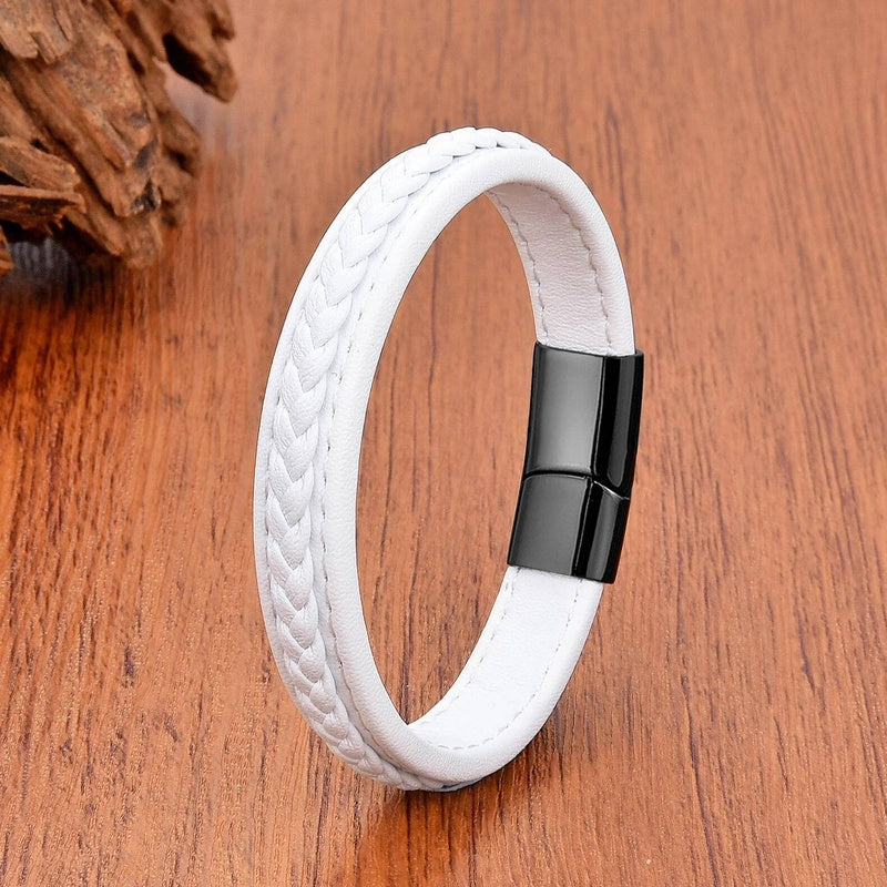 Vintage Men Europe and America Stainless Steel Magnet Open Bangle Multi-Size Woven Leather Hand Rope Classic Party Gift Present Style A-Black