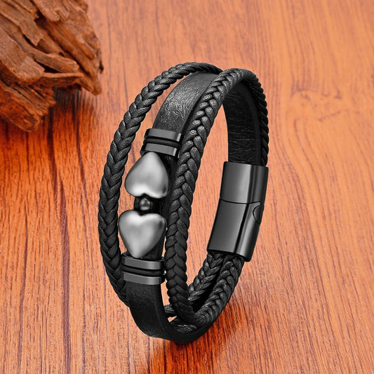 Black Braided Leather Bracelet with Green Jade Beads - Stylish Multi-Layer Magnetic Clasp Jewelry for Casual Wear and Gifts Hematite
