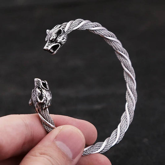 Wolf Head Stainless Steel Bangle – Viking Norse Open Cuff Bracelet