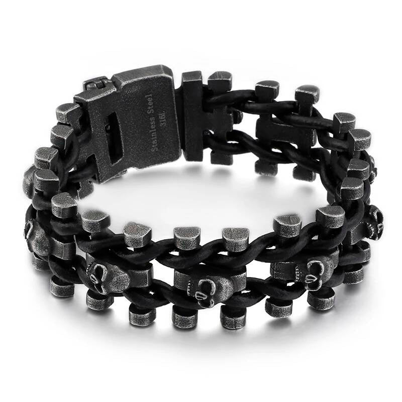 Stainless Steel 316L Skull Head Bracelet Men Pirate Viking Biker Jewelry With Black Genuine Leather Vintage Color