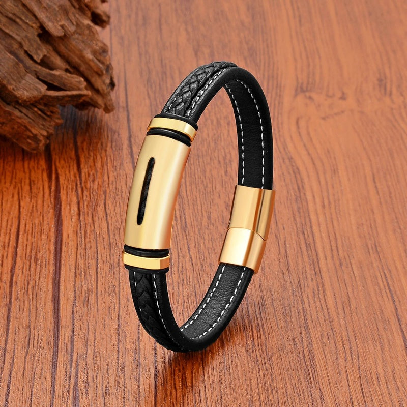 Personality Geometric Stainless Steel Bracelets Jewellry Black Weave Leather Chain Bangles for Man Women Friendship Gifts Gold 23cm