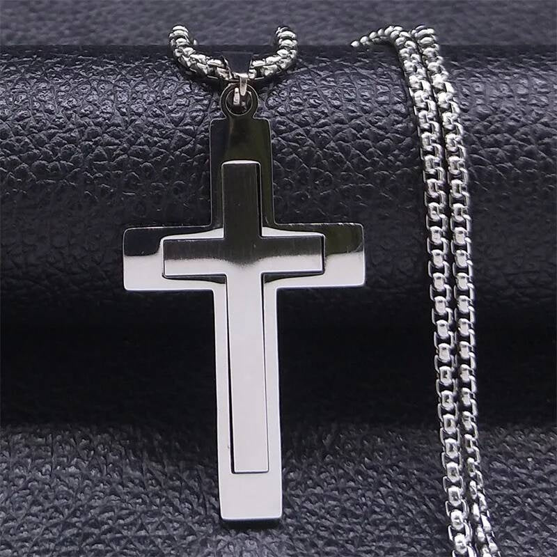 Stainless Steel Cross Pendant Chain Necklace For Men Christ Jesus Jewelry Catholic Crucifixes Rosaries Accessories Silver