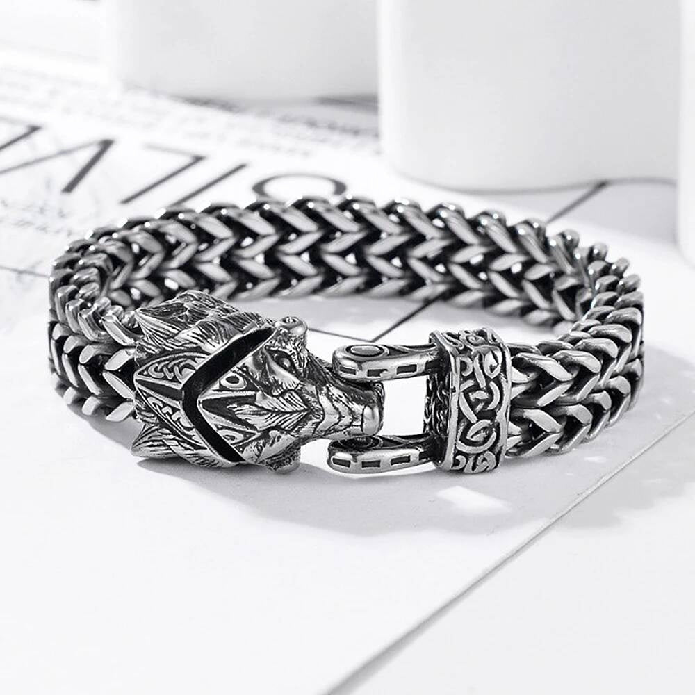 Viking Wolf Head Chain Bracelet – Norse Stainless Steel Armring