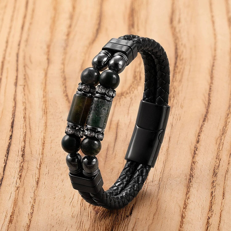Black Braided Leather Bracelet with Green Jade Beads - Stylish Multi-Layer Magnetic Clasp Jewelry for Casual Wear and Gifts Agate-D