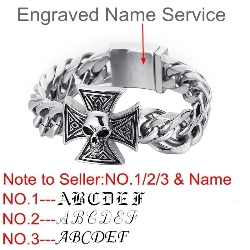 Personality Engraved Name Skull Bone Bracelet Men 316L Stainless Steel Jewelry Gift Engraved Name 22cm