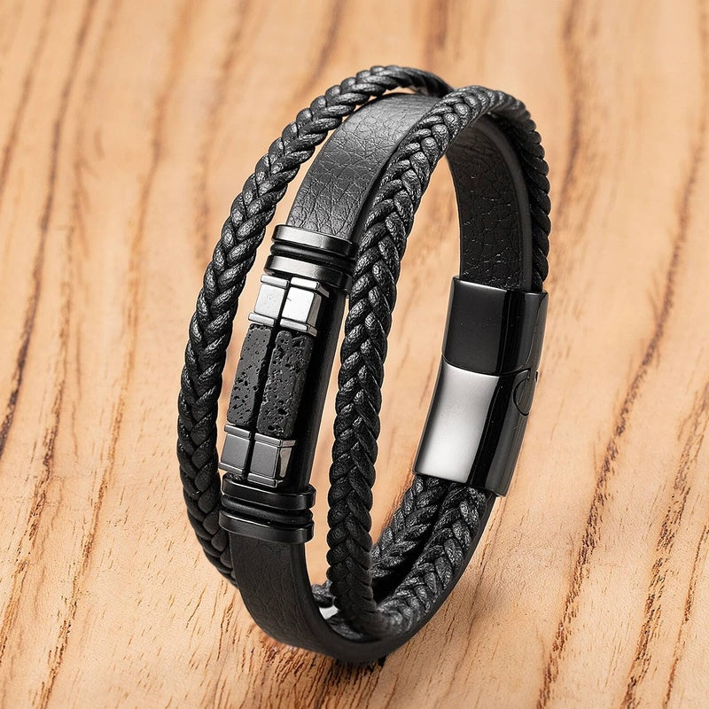 Black Braided Leather Bracelet with Green Jade Beads - Stylish Multi-Layer Magnetic Clasp Jewelry for Casual Wear and Gifts Style-K