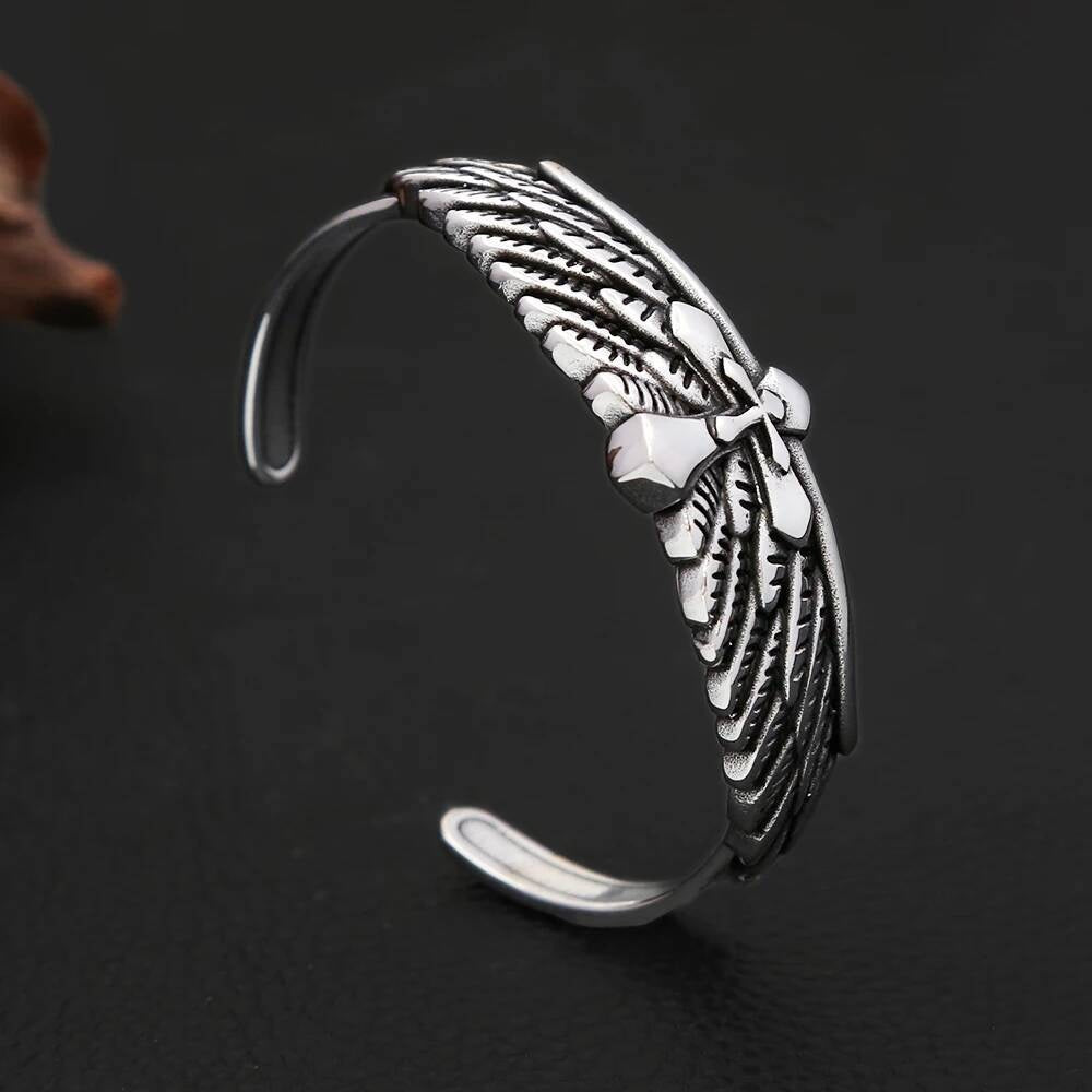 Angel Wings Cross Bangle – Gothic Stainless Steel Bracelet