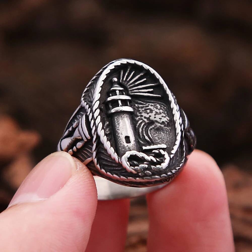 Vintage Viking Lighthouse Ring – 316L Steel Nautical Signet Band