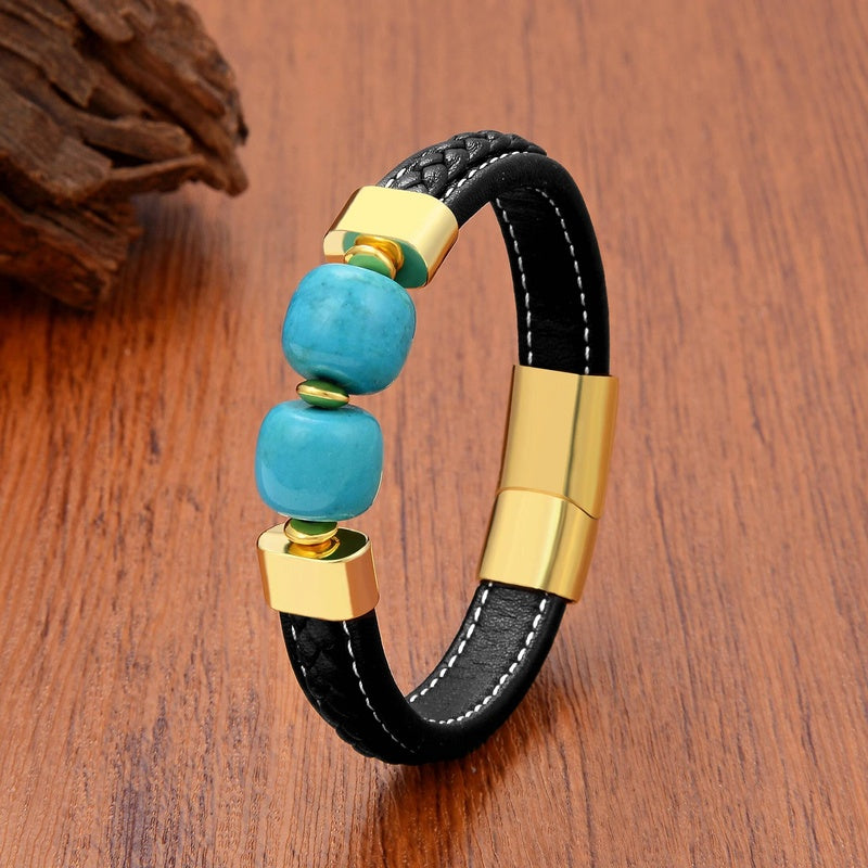 Black Braided Leather Bracelet with Green Jade Beads - Stylish Multi-Layer Magnetic Clasp Jewelry for Casual Wear and Gifts Gold
