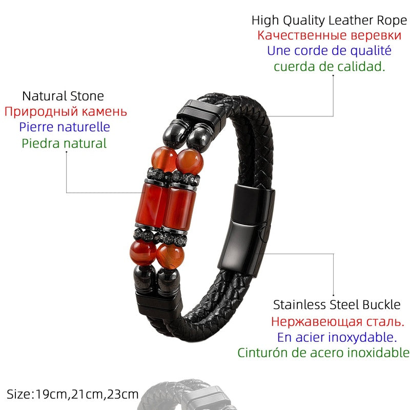 Black Braided Leather Bracelet with Green Jade Beads - Stylish Multi-Layer Magnetic Clasp Jewelry for Casual Wear and Gifts
