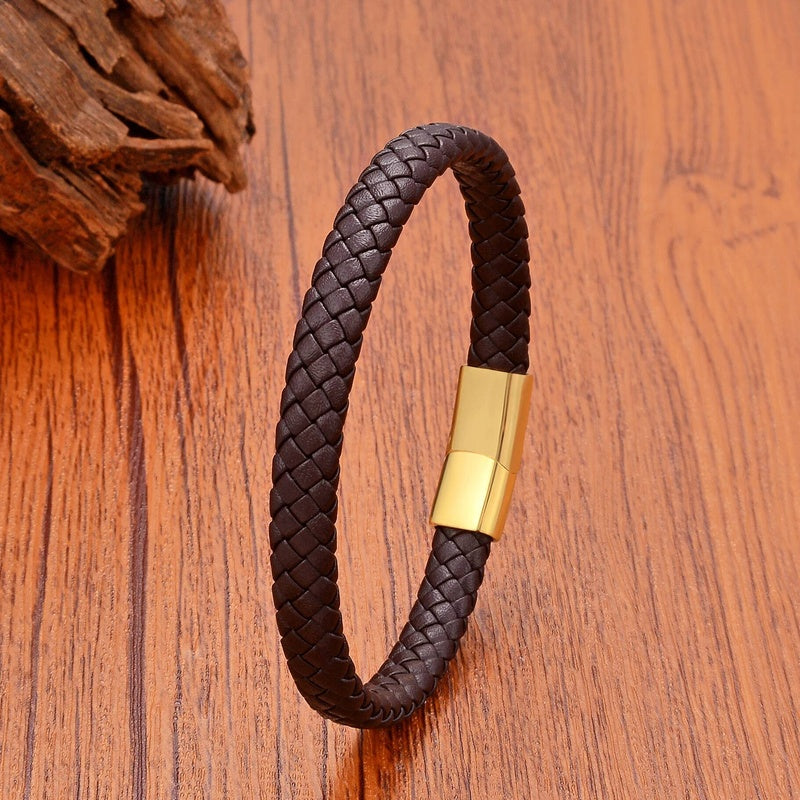 Black Braided Leather Bracelet with Green Jade Beads - Stylish Multi-Layer Magnetic Clasp Jewelry for Casual Wear and Gifts Style C-Gold