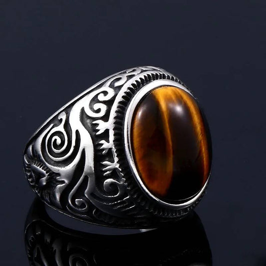 Vintage Tiger Eye Stone Ring – Stainless Steel Gothic Biker Jewelry