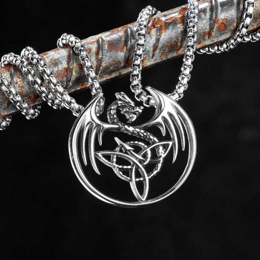 Dragon Trinity Knot Pendant – Celtic Viking Necklace in Stainless Steel