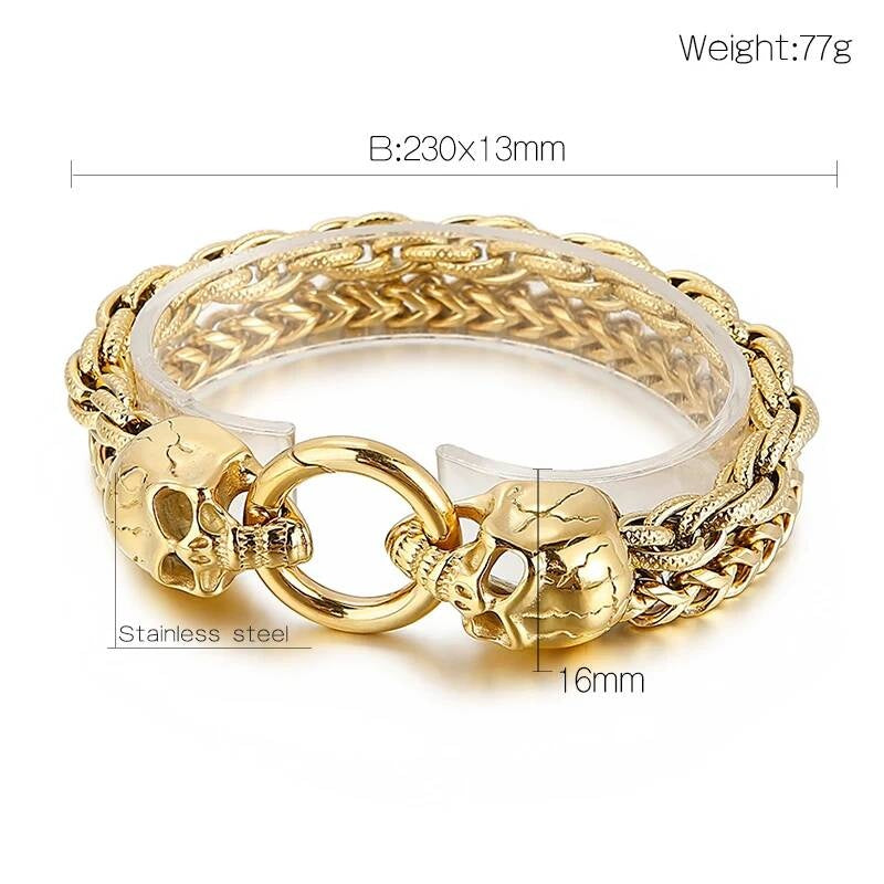 Punk Double Layer Chain Bracelet Men Stainless Steel Evil Skull Ghost Wristband Jewelry