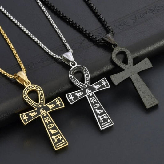 316L Stainless Steel Egyptian Anka Cross Pendant Chain Necklace For Men Vintage Jewelry Accessories