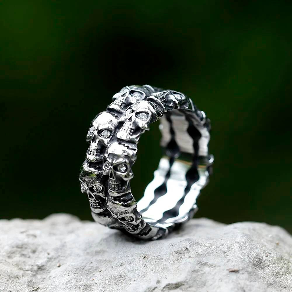 Aegishjalmur Zircon Skull Ring - Viking Symbol Stainless Steel Gothic Jewelry