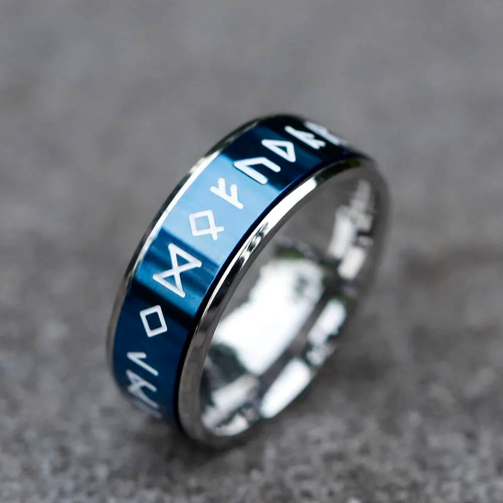 Rotatable Viking Rune Ring – 316L Stainless Steel Multicolor Amulet Band blue