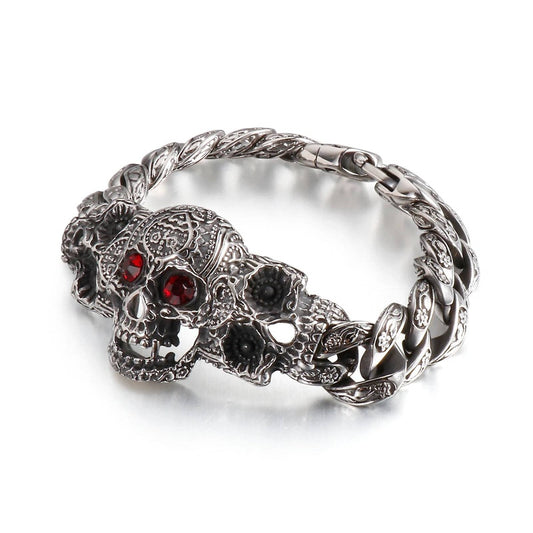 Stainless Steel Red Eye Skull Bracelet Men With Vintage Cuban Chain