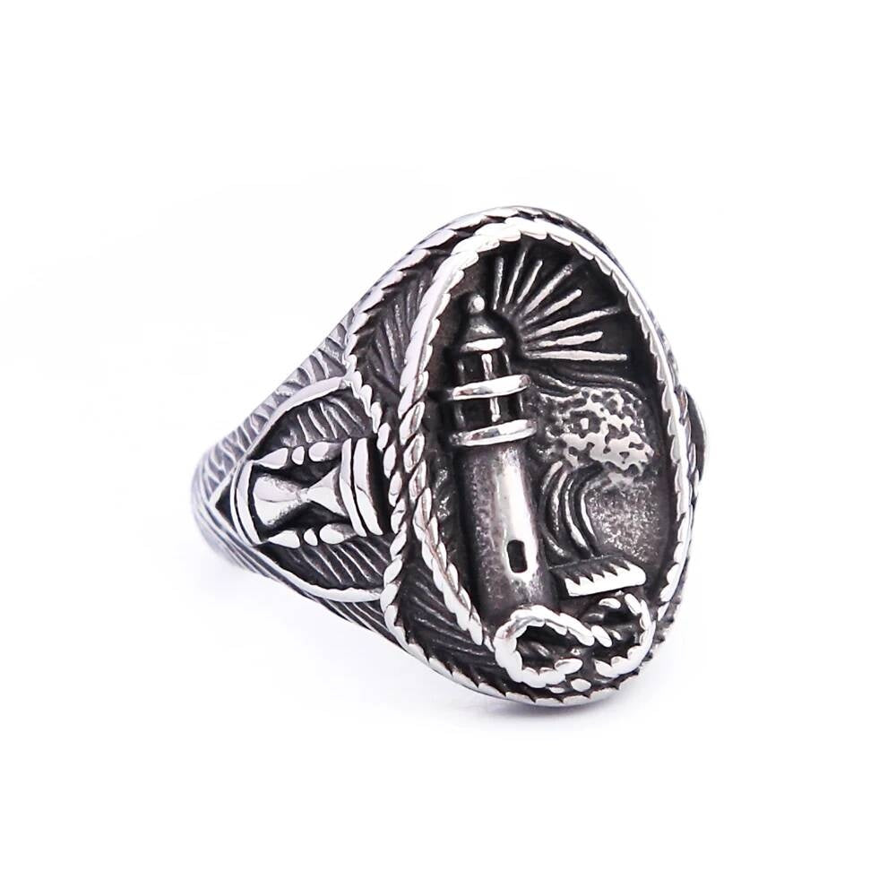 Vintage Viking Lighthouse Ring – 316L Steel Nautical Signet Band Style A