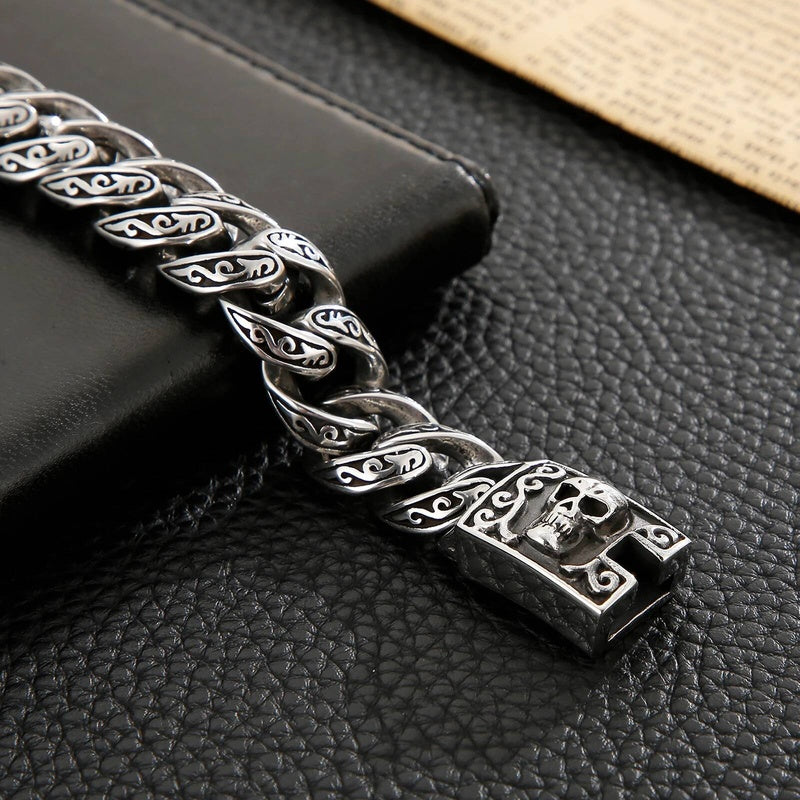 Engraved Name Vintage Cuban Curb Bracelet Men With Ghost Head Easy Hook 316L Stainless Steel