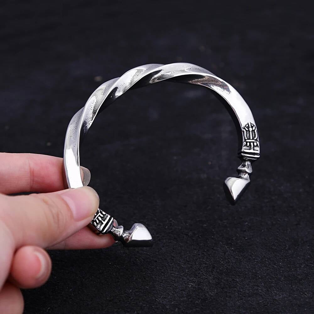 Vintage Twisted Stainless Steel Cuff Bracelet – 316L Silver Bangle with Carved End Details