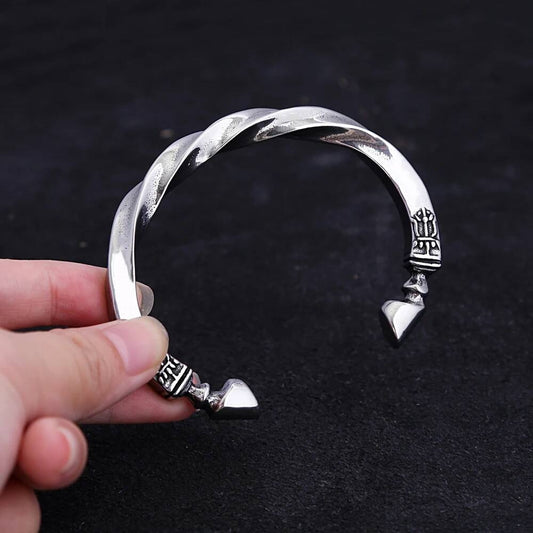 Vintage Twisted Stainless Steel Cuff Bracelet – 316L Silver Bangle with Carved End Details