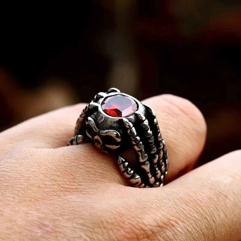 316L Stainless Steel Gothic Claw Ring with Red Crystal Stone
