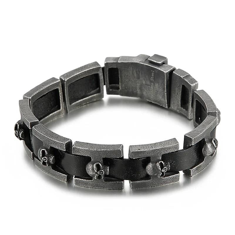 Mens Stainless Steel 316L Skull Link Chain Bracelet With Real Black Cowhide Leather Vintage Black Color 24cm