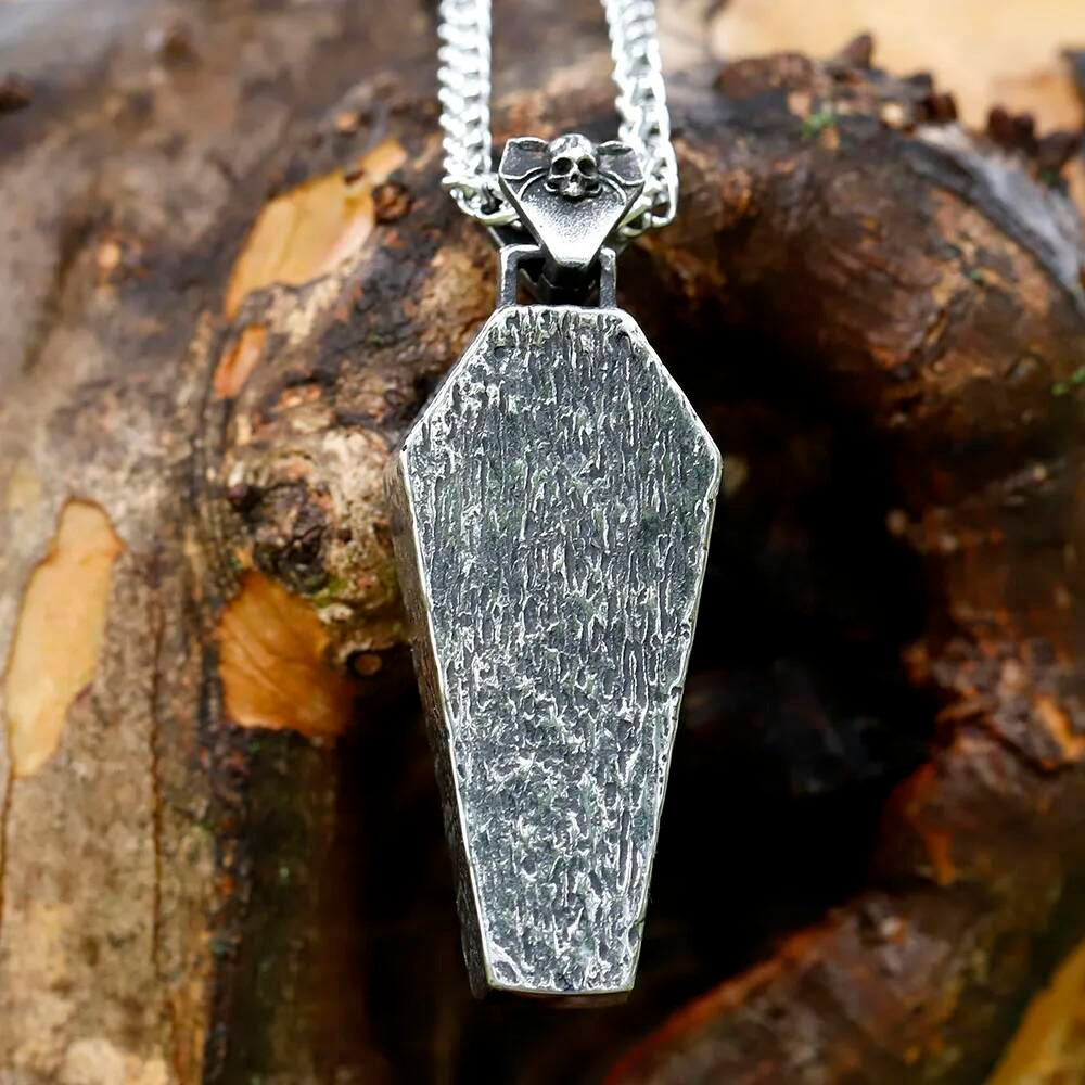 Coffin Skull Pendant Necklace, Gothic Silver Jewelry with Detailed Skull Design