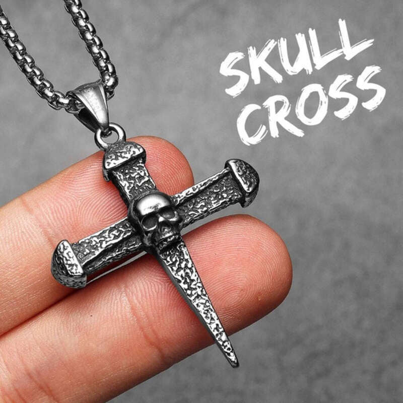 316L Stainless Steel Nail Cross Pendant Necklace – Skull & Turquoise Gothic Design N1358-With Chain