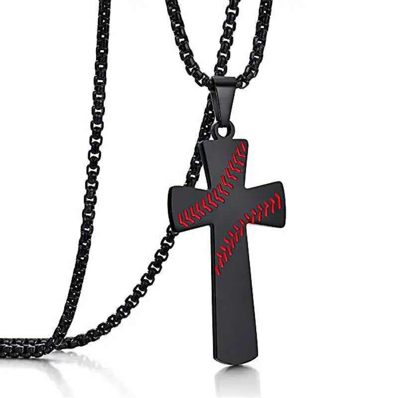 Stainless Steel Baseball Cross Chain Pendant Necklace For Men Sports Leisure Medal Accessories Black